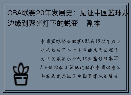 CBA联赛20年发展史：见证中国篮球从边缘到聚光灯下的蜕变 - 副本